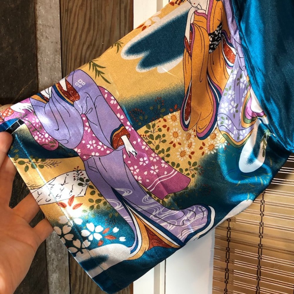Silky Teal Floral Kimono Robe - Women Intimates & Sleepwear - Picture 3 of 11